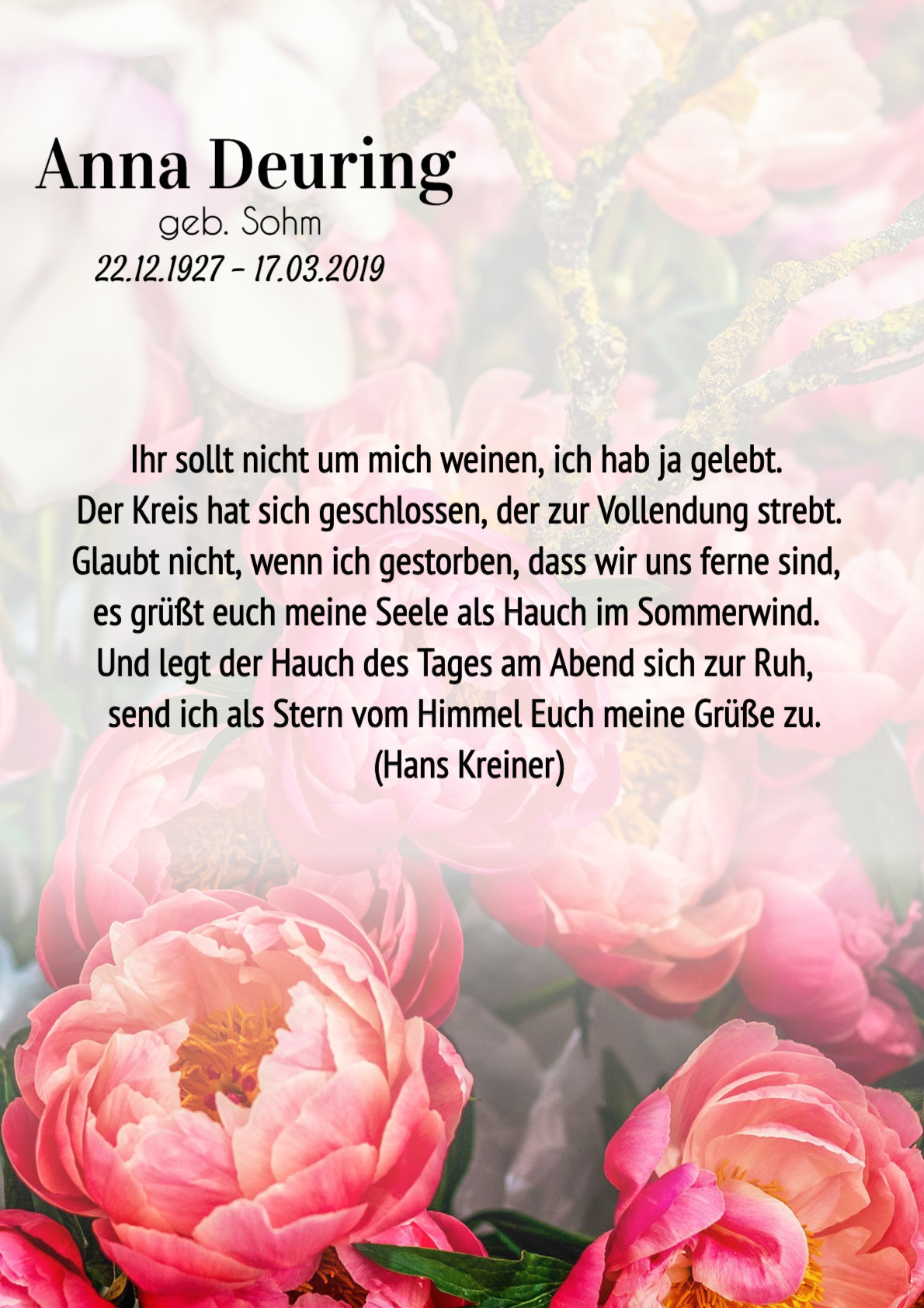 Traueranzeige von Anna Deuring