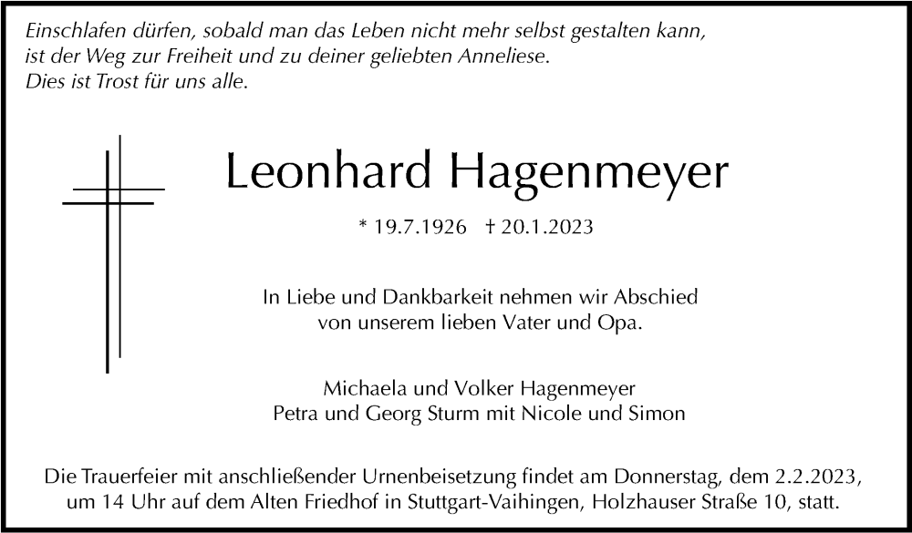 Traueranzeige von Leonhard Hagenmeyer