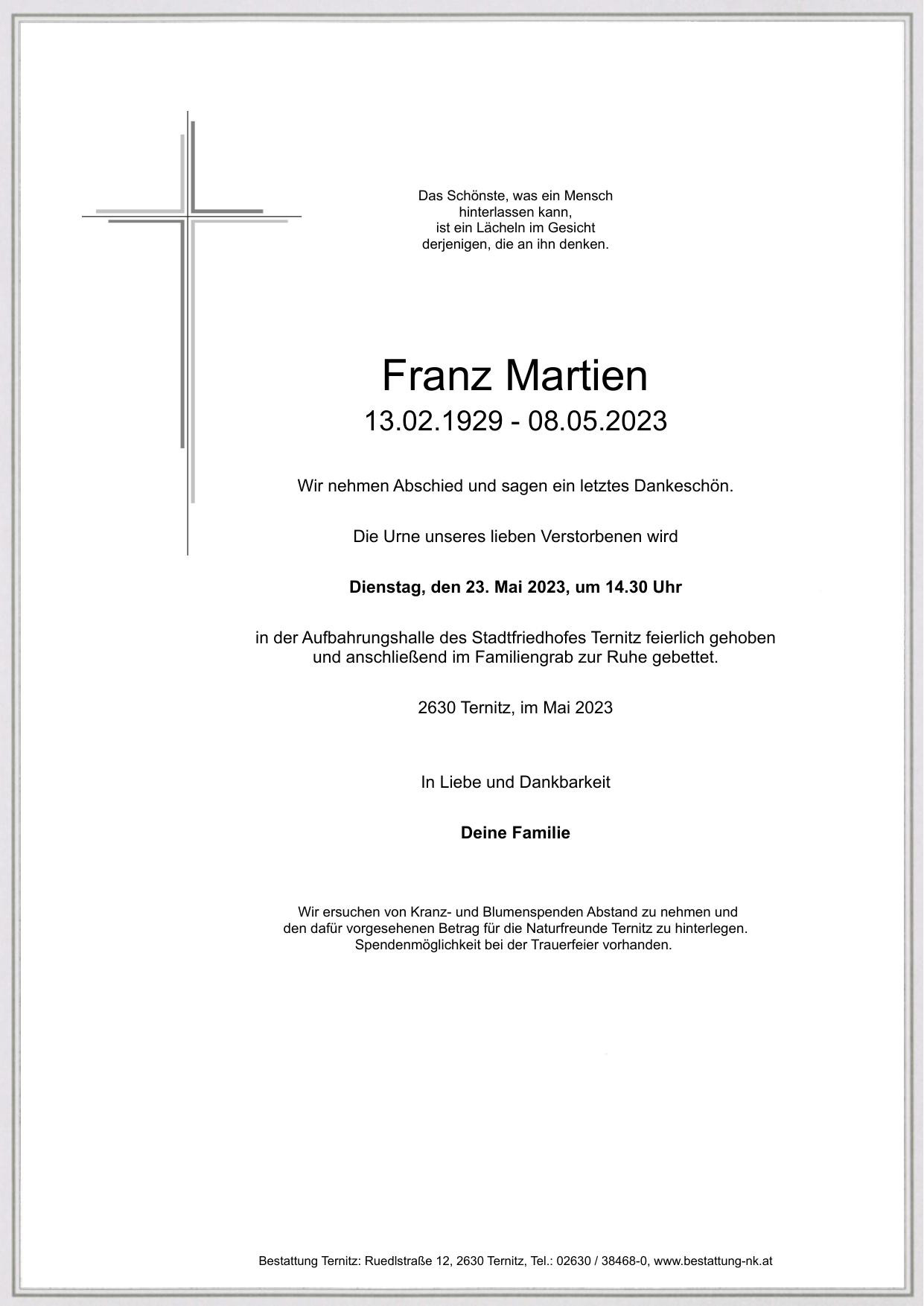 Traueranzeige von Franz Martien