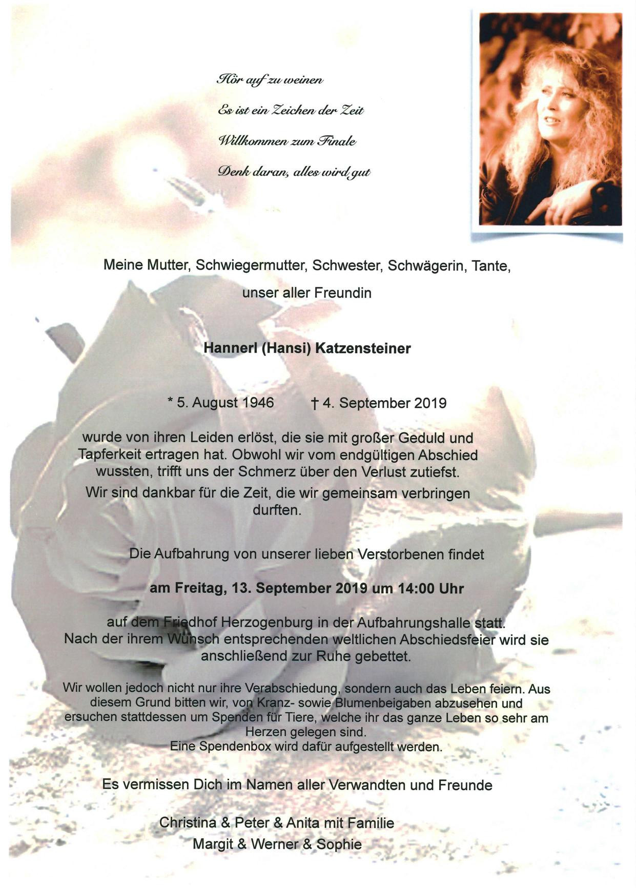 Traueranzeige von Hannerl Hansi Katzensteiner