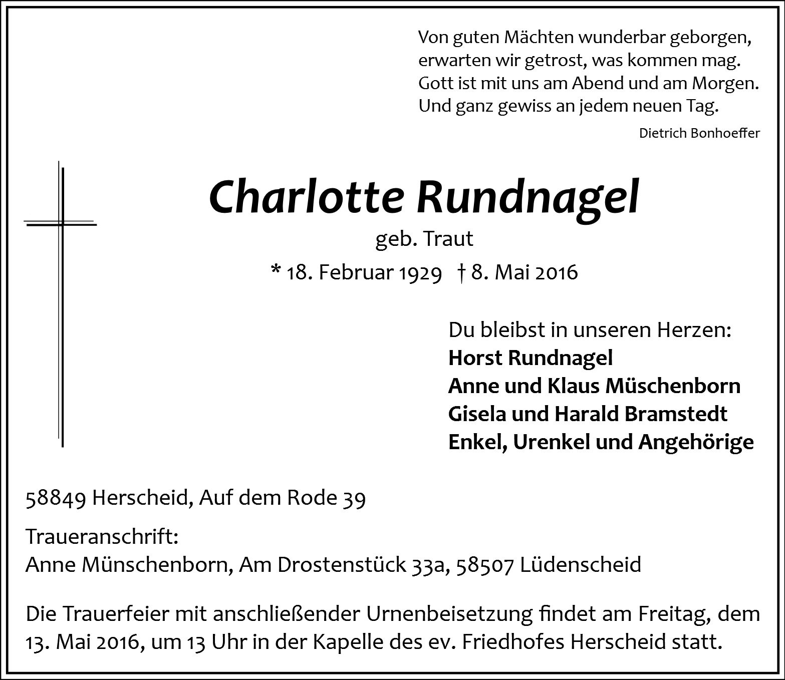 Traueranzeige von Charlotte Rundnagel