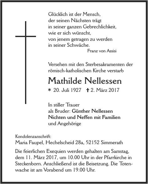 Traueranzeige von Mathilde Nellessen
