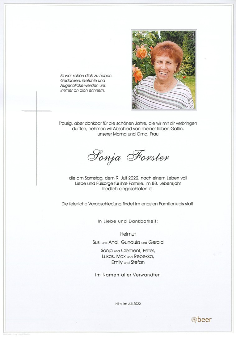 Traueranzeige von Sonja Forster