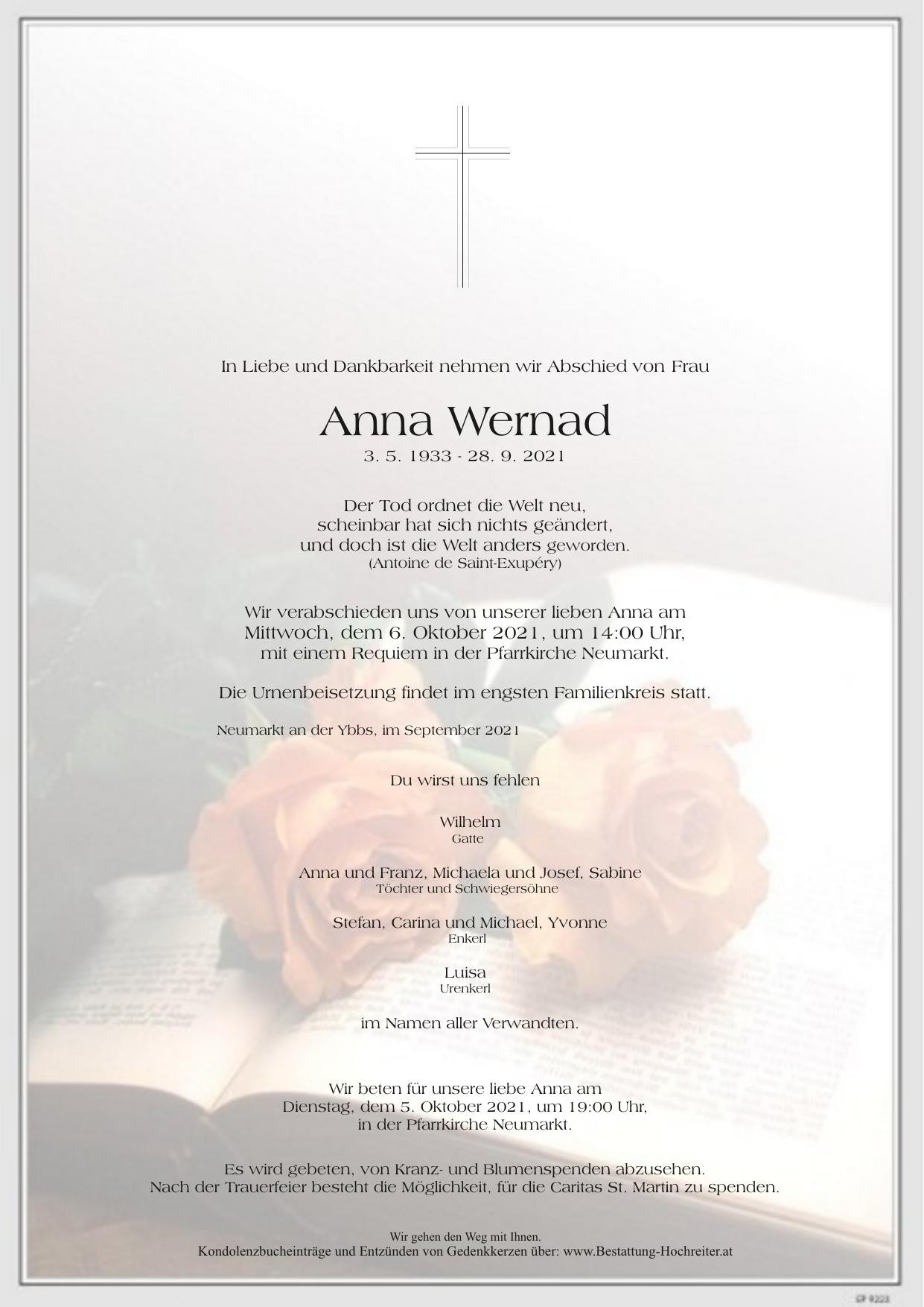 Traueranzeige von Anna Wernad