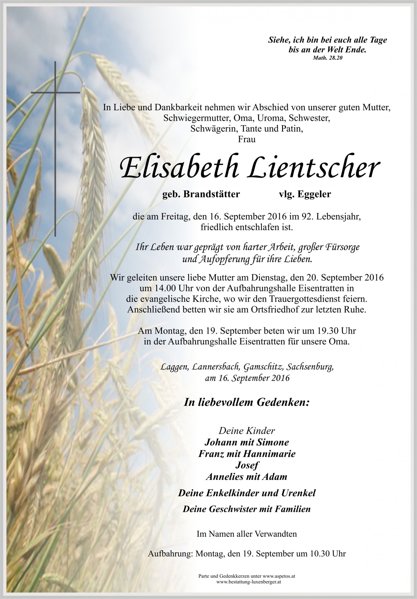 Traueranzeige von Elisabeth Lientscher