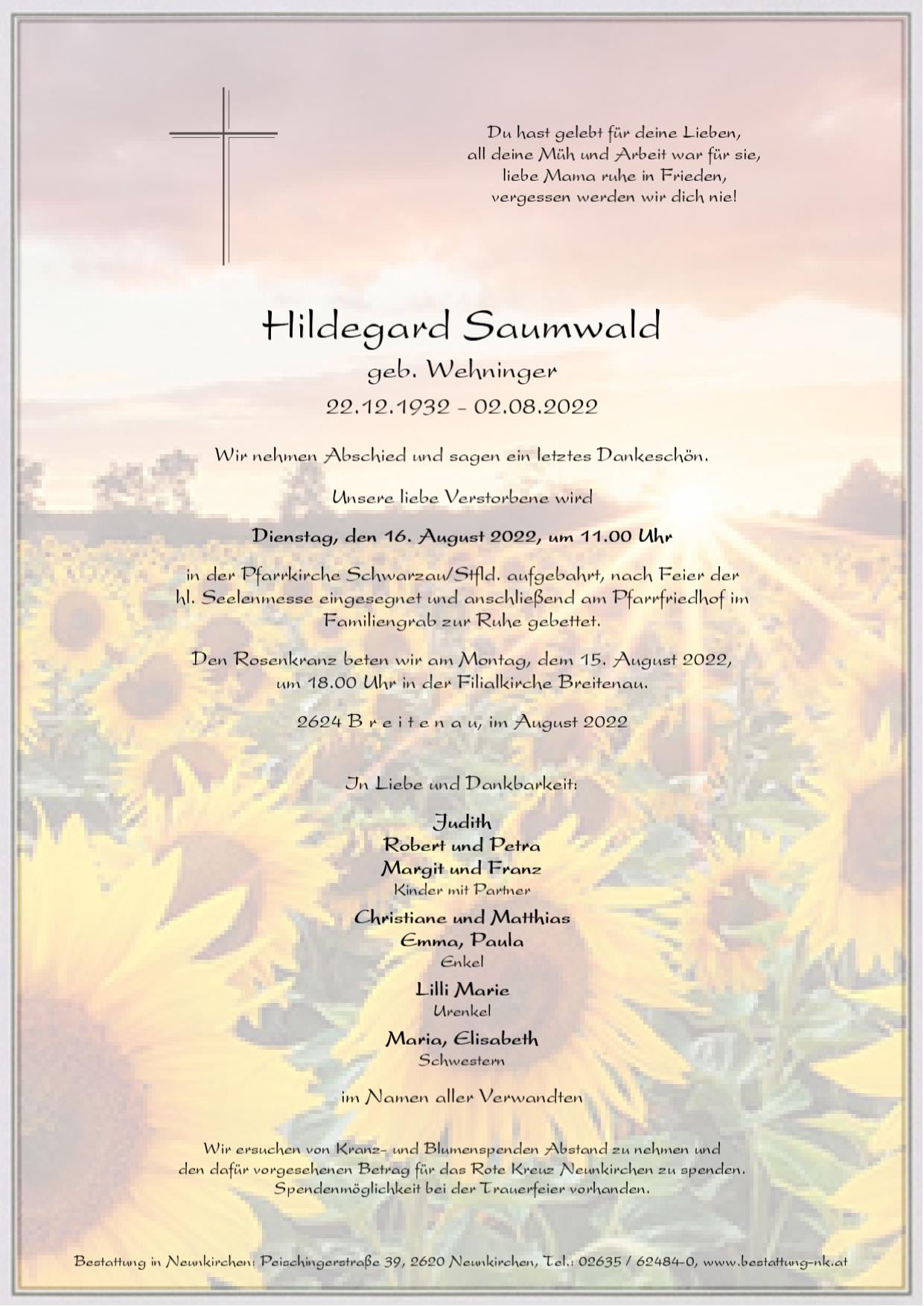 Traueranzeige von Hildegard Saumwald