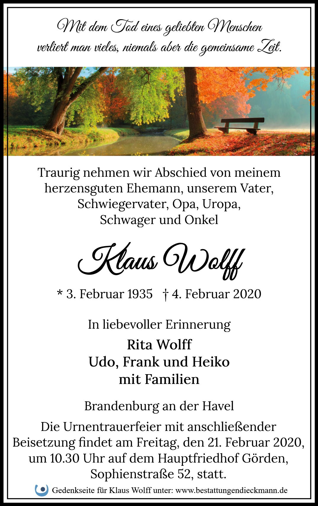 Traueranzeige von Klaus Wolff