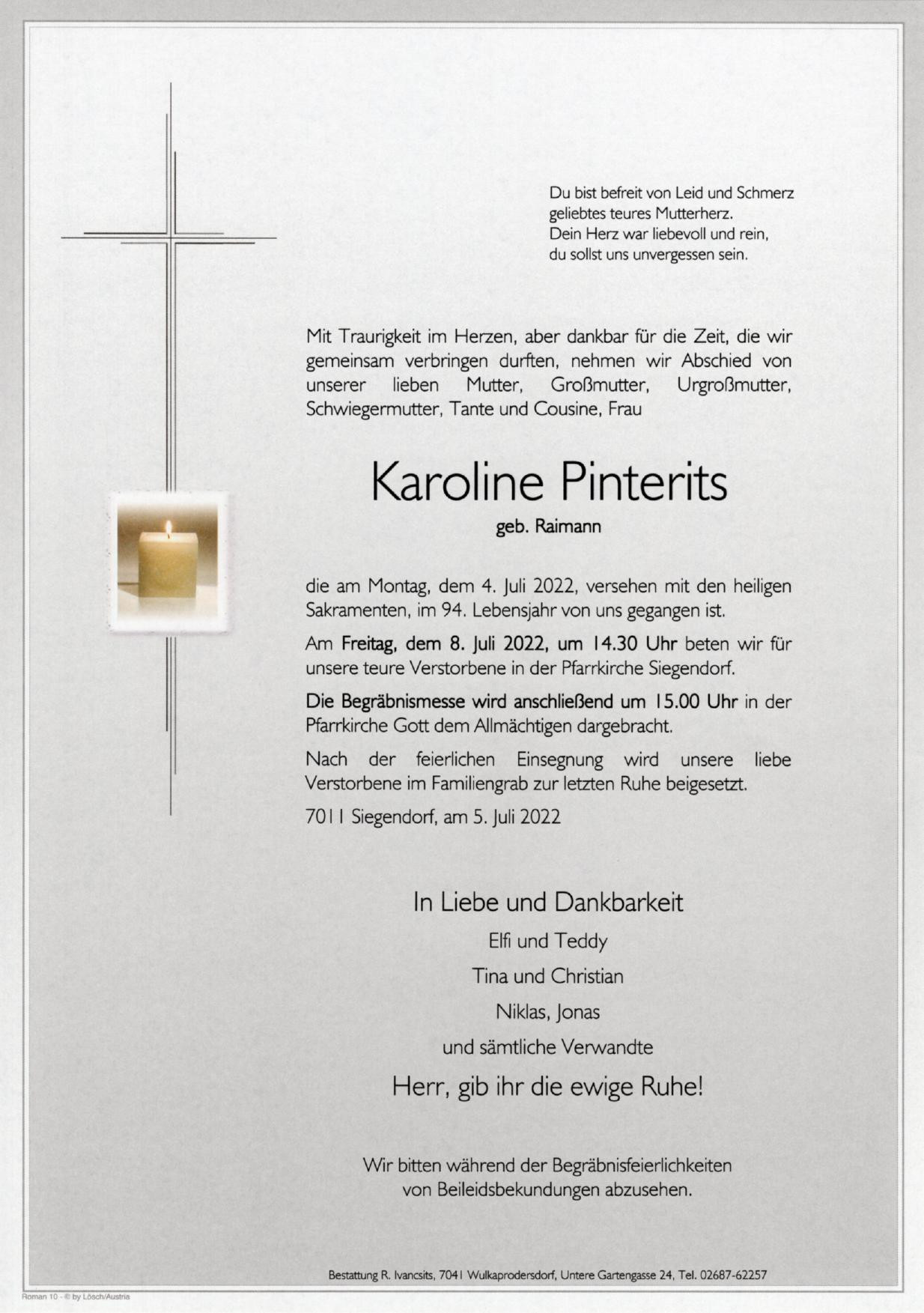 Traueranzeige von Karoline Pinterits