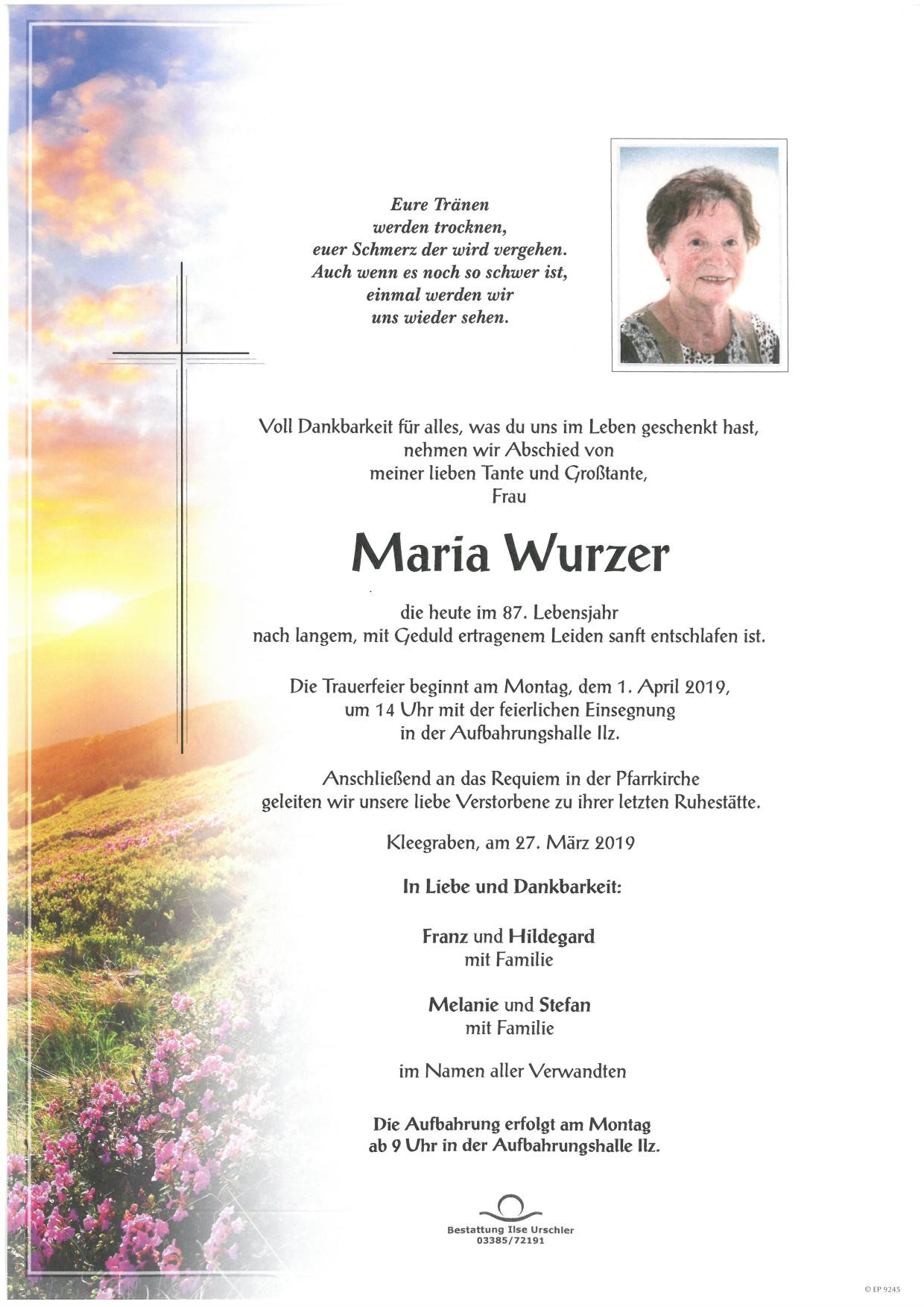 Traueranzeige von Maria Wurzer