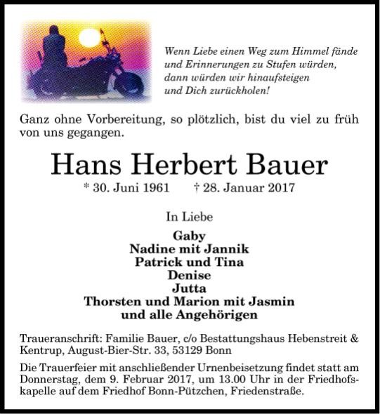 Traueranzeige von Hans Herbert Bauer