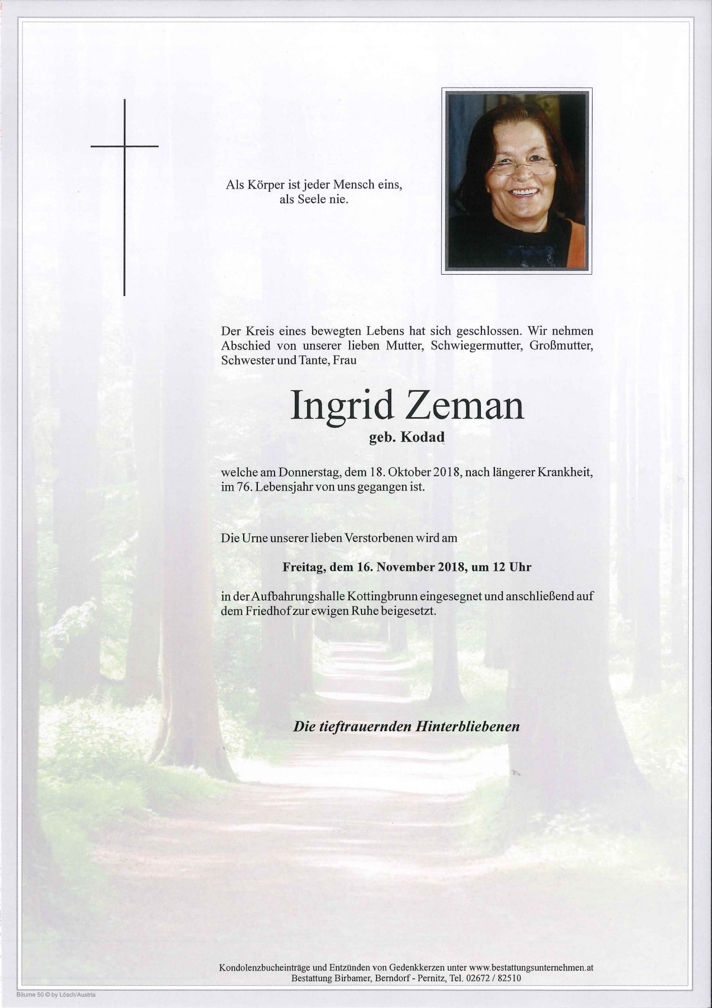 Traueranzeige von Ingrid Zeman