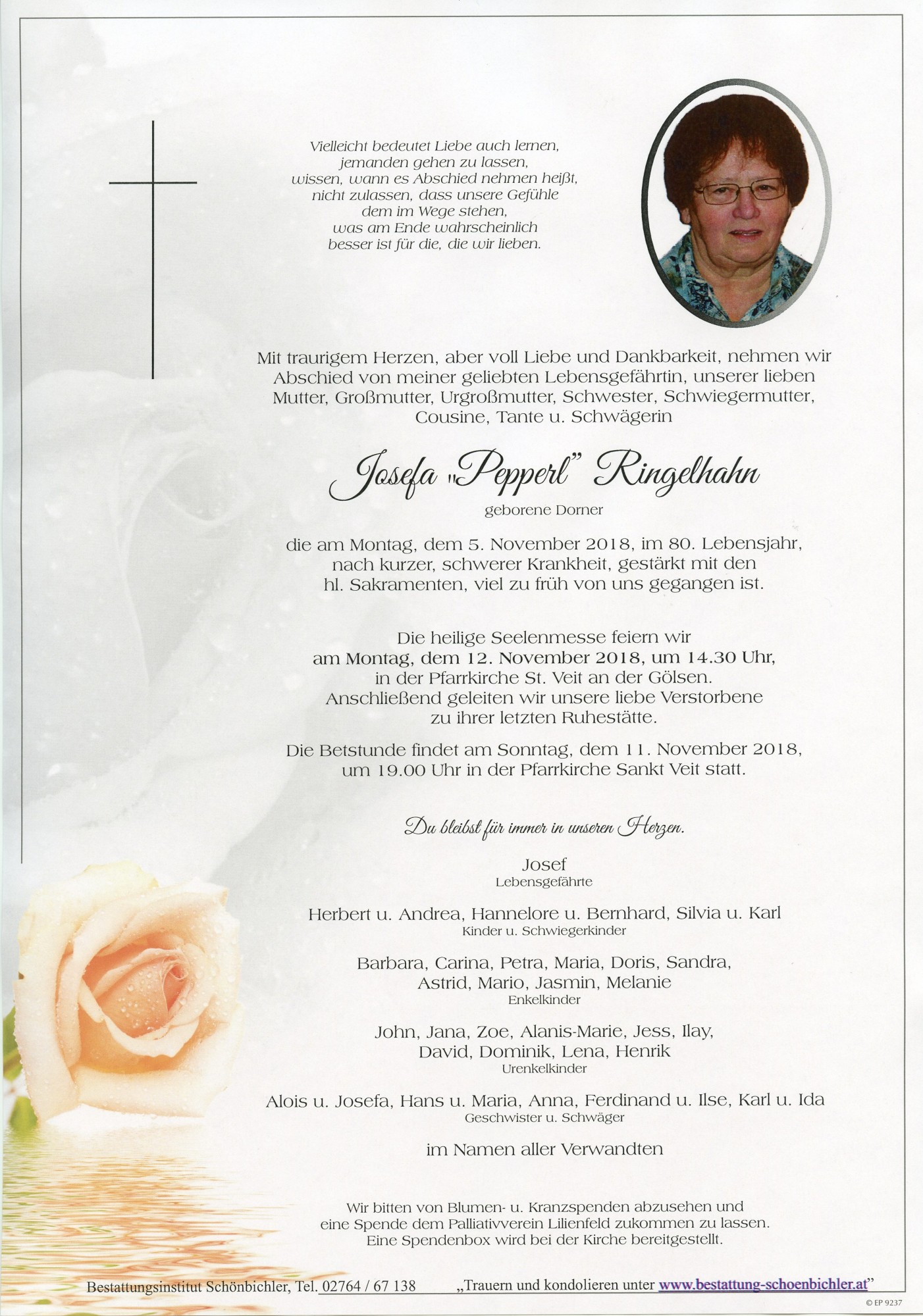 Traueranzeige von Josefa "Pepperl" Ringelhahn