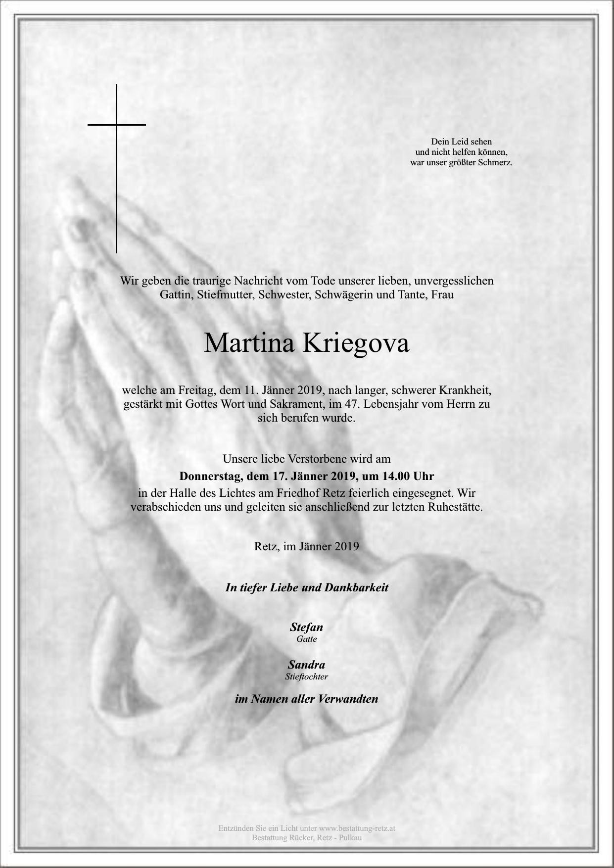 Traueranzeige von Martina Kriegova