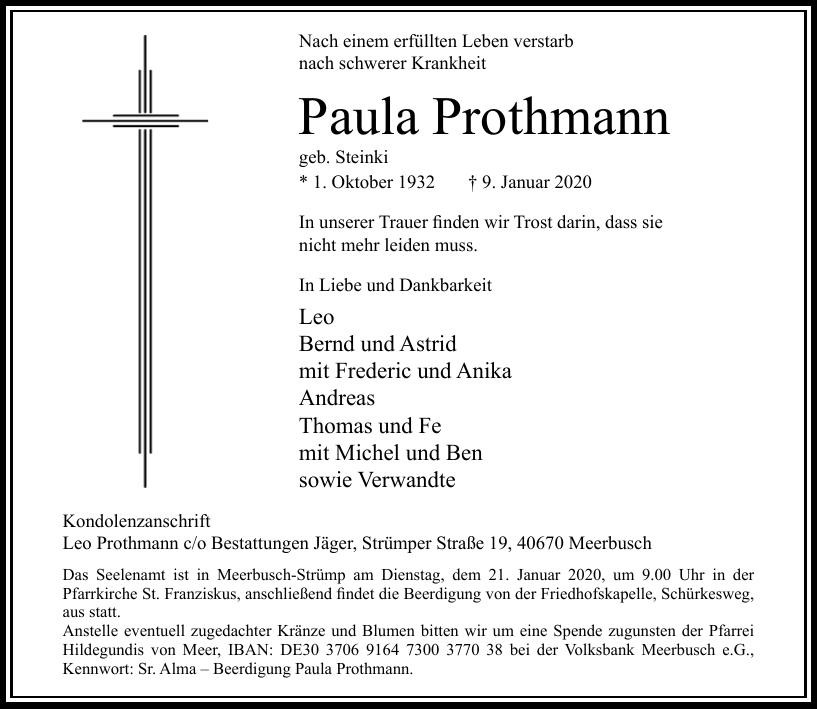 Traueranzeige von Paula Prothmann