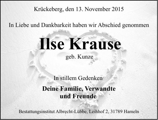 Traueranzeige von Ilse Krause