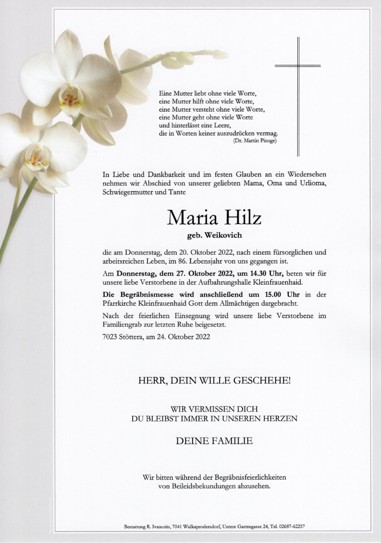 Traueranzeige von Maria Hilz