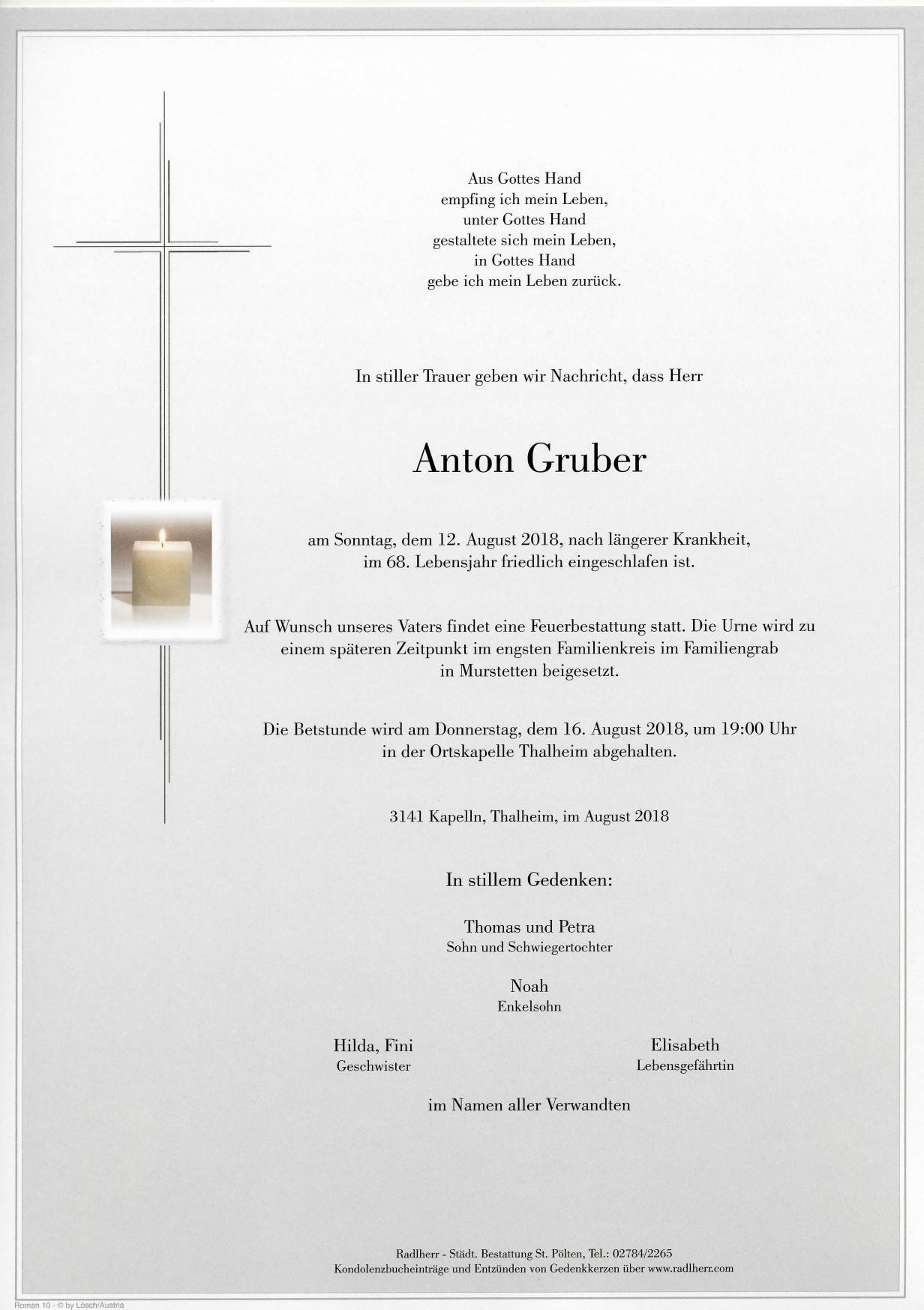 Traueranzeige von Anton Gruber