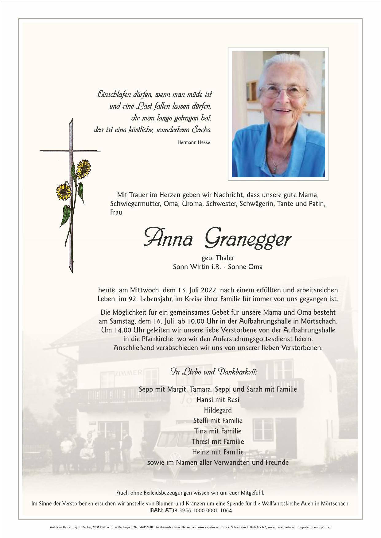 Traueranzeige von Anna Granegger