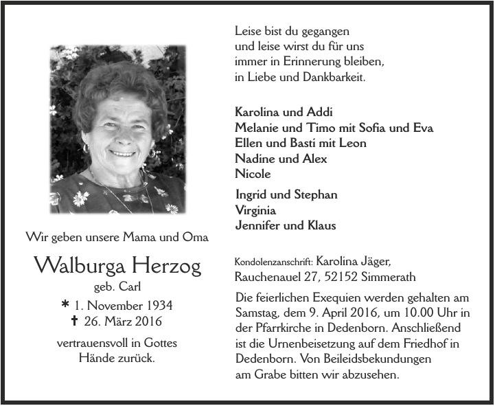 Traueranzeige von Walburga Herzog