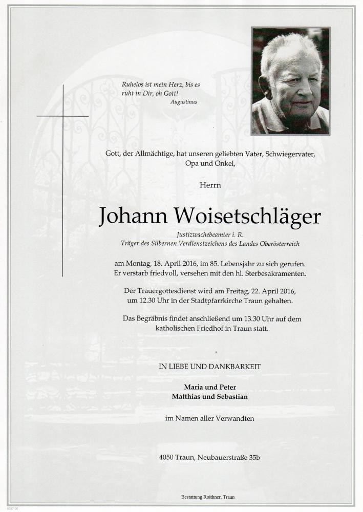 Traueranzeige von Johann Woisetschläger