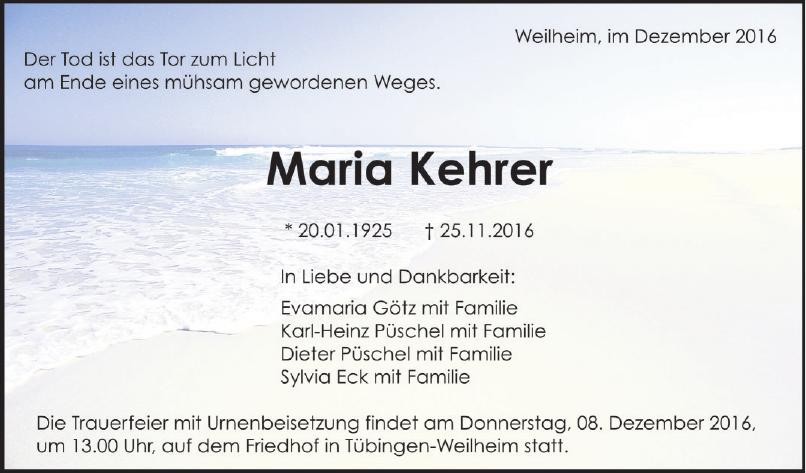 Traueranzeige von Maria Kehrer