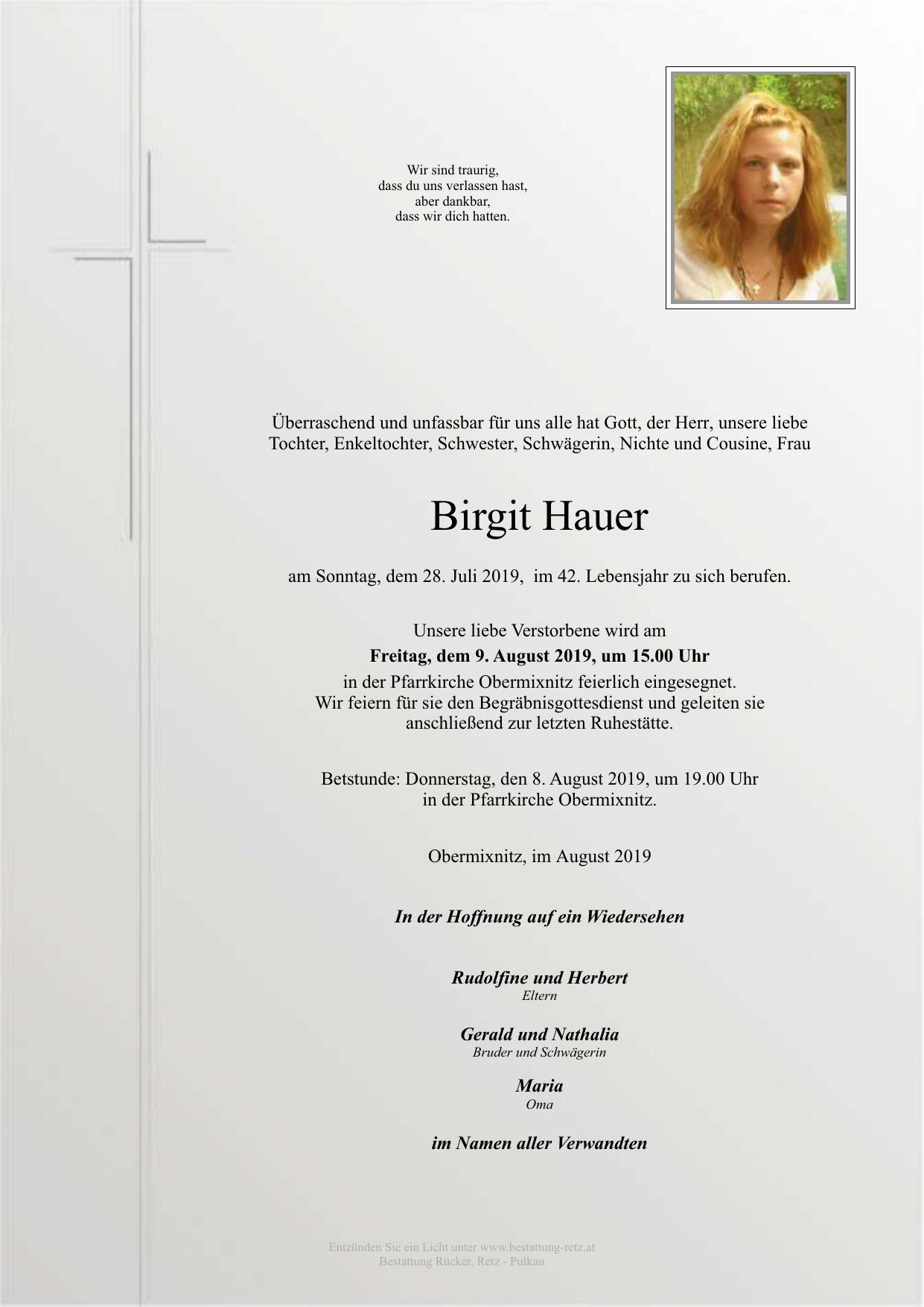 Traueranzeige von Birgit Hauer