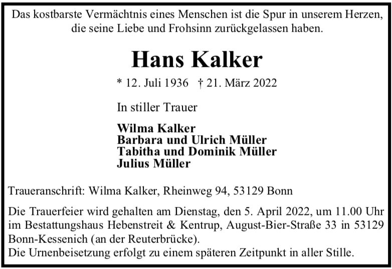 Traueranzeige von Hans Kalker