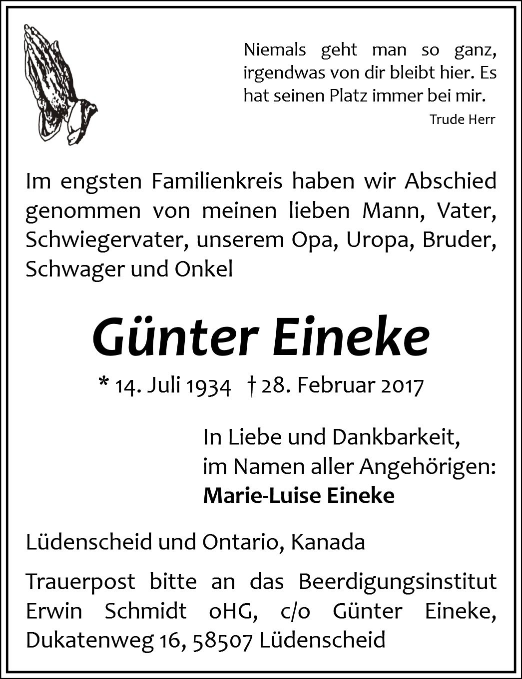 Traueranzeige von Günter Eineke