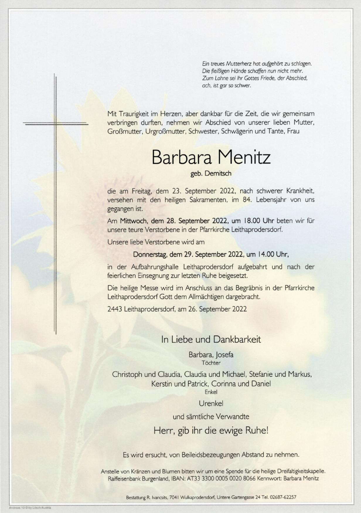 Traueranzeige von Barbara Menitz