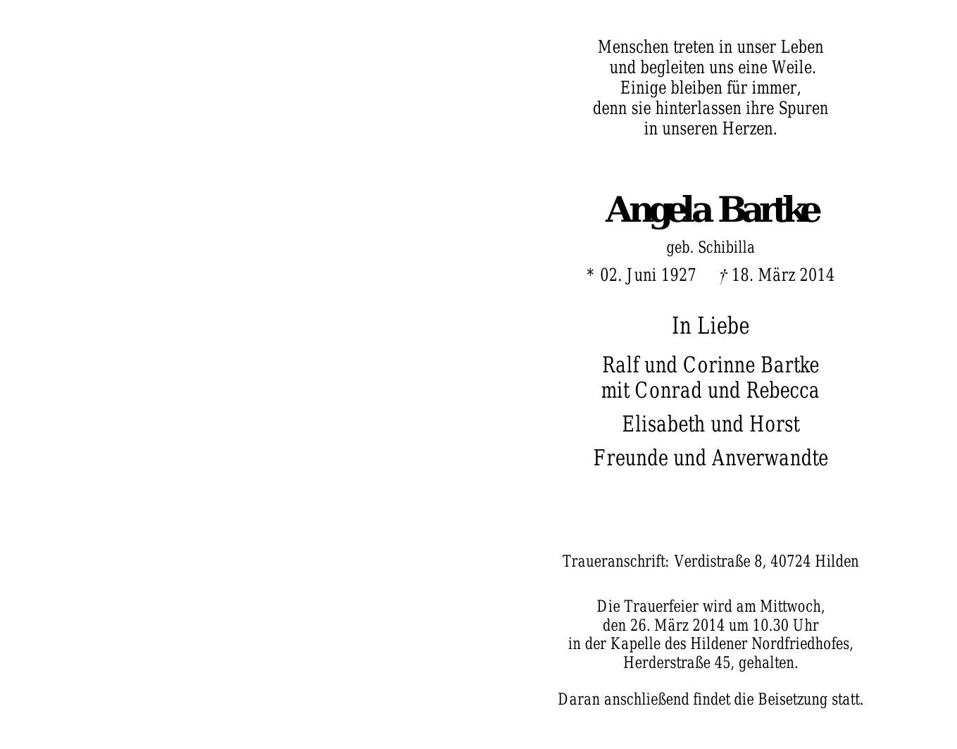 Traueranzeige von Angela Bartke