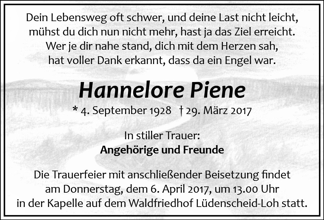Traueranzeige von Hannelore Piene