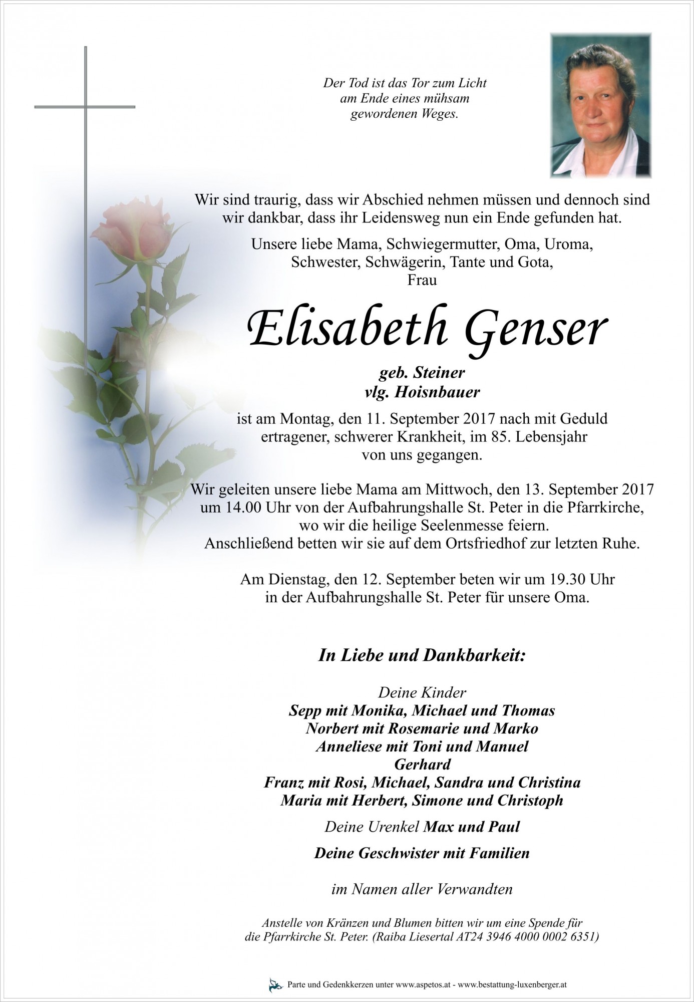 Traueranzeige von Elisabeth Genser