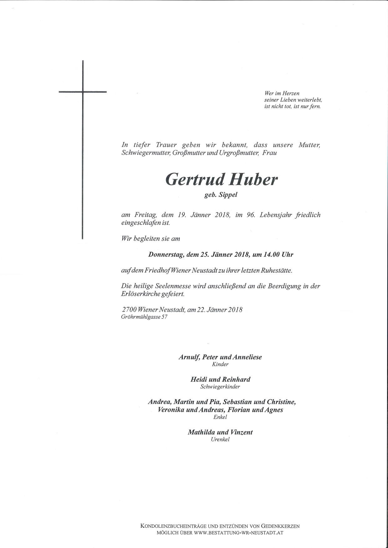 Traueranzeige von Gertrud Huber