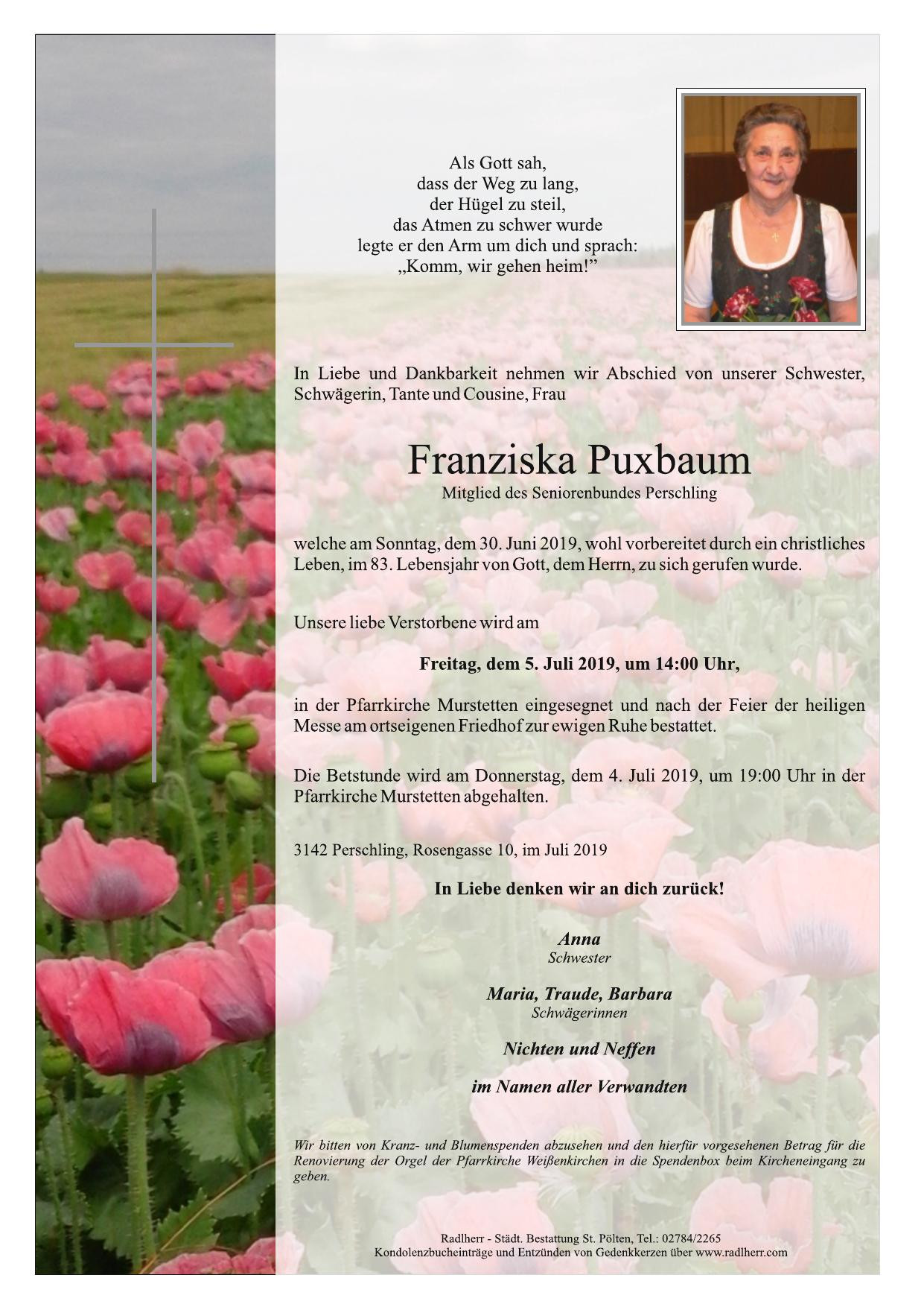 Traueranzeige von Franziska Puxbaum