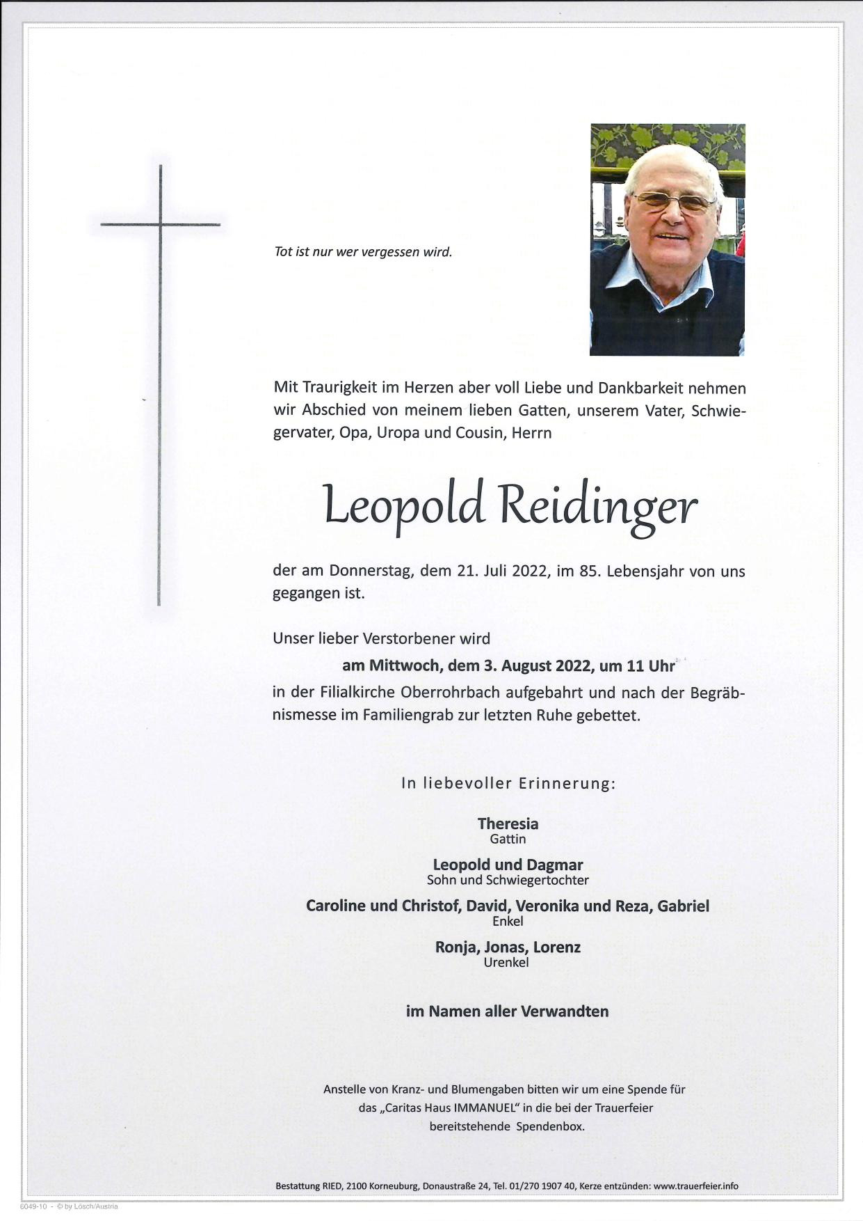 Traueranzeige von Leopold Reidinger