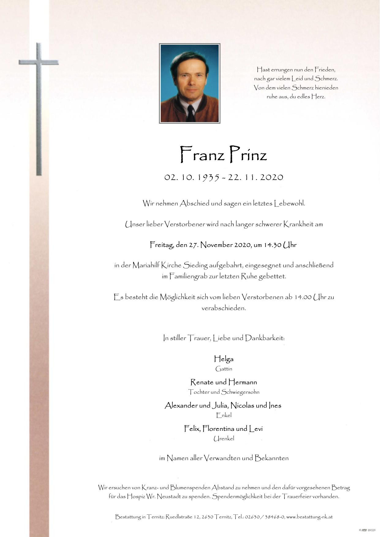 Traueranzeige von Franz Prinz