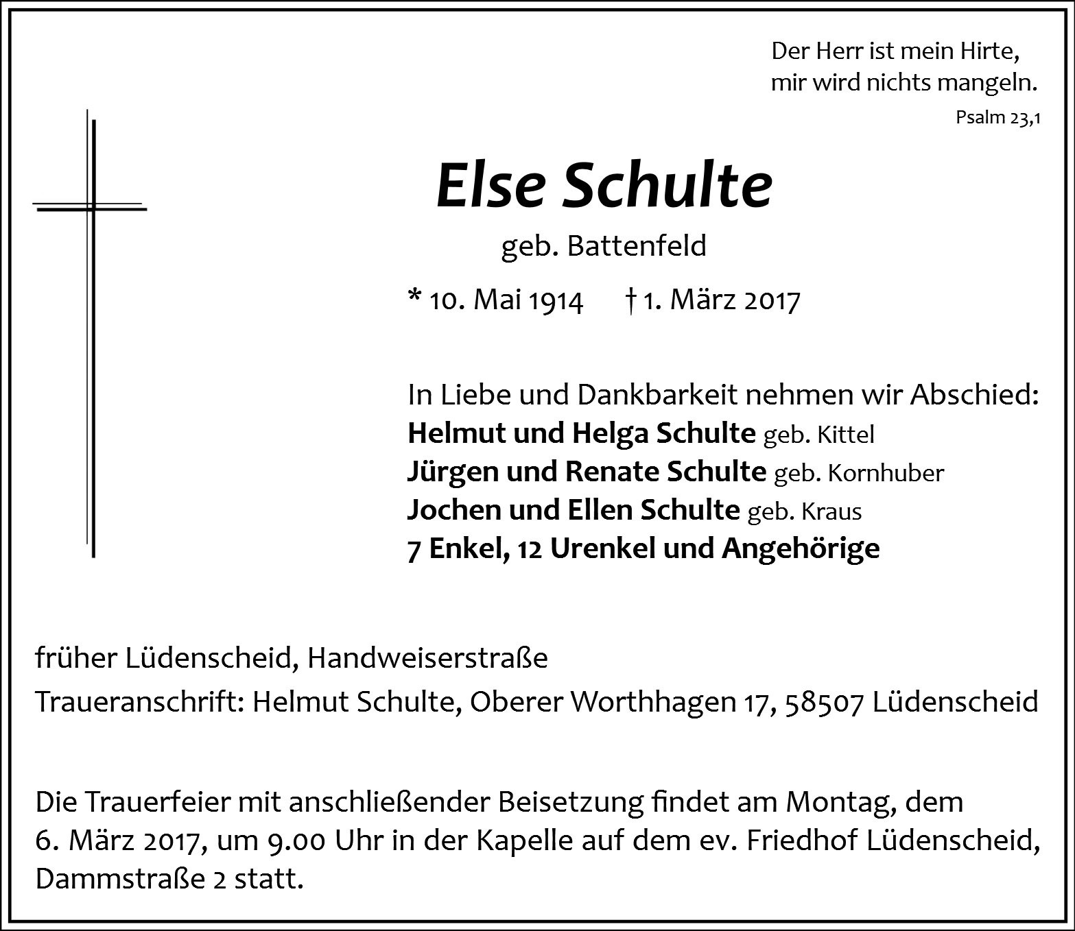 Traueranzeige von Else Schulte
