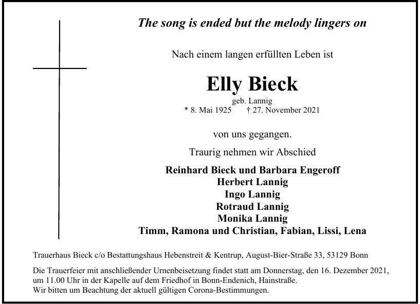 Traueranzeige von Elly Bieck