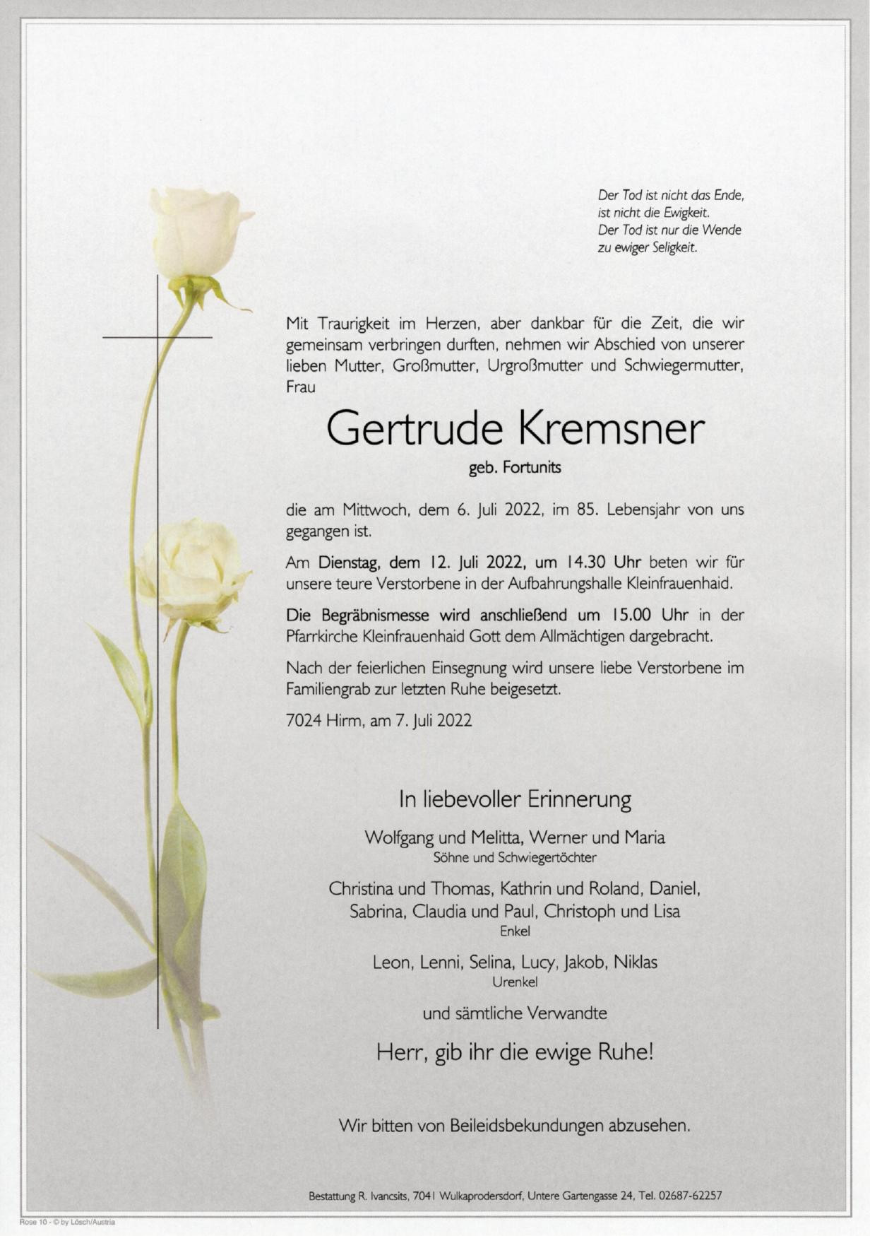 Traueranzeige von Gertrude Kremsner