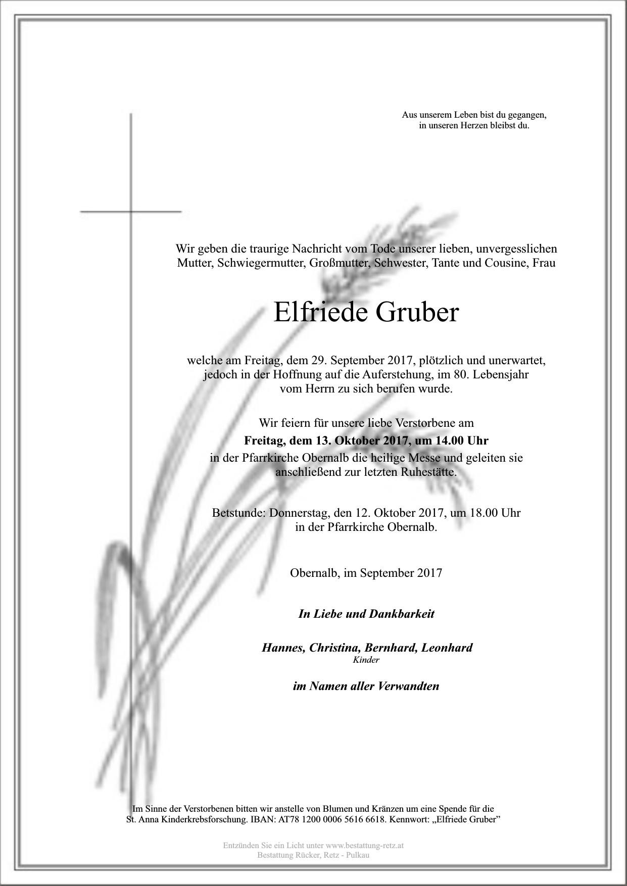 Traueranzeige von Elfriede Gruber