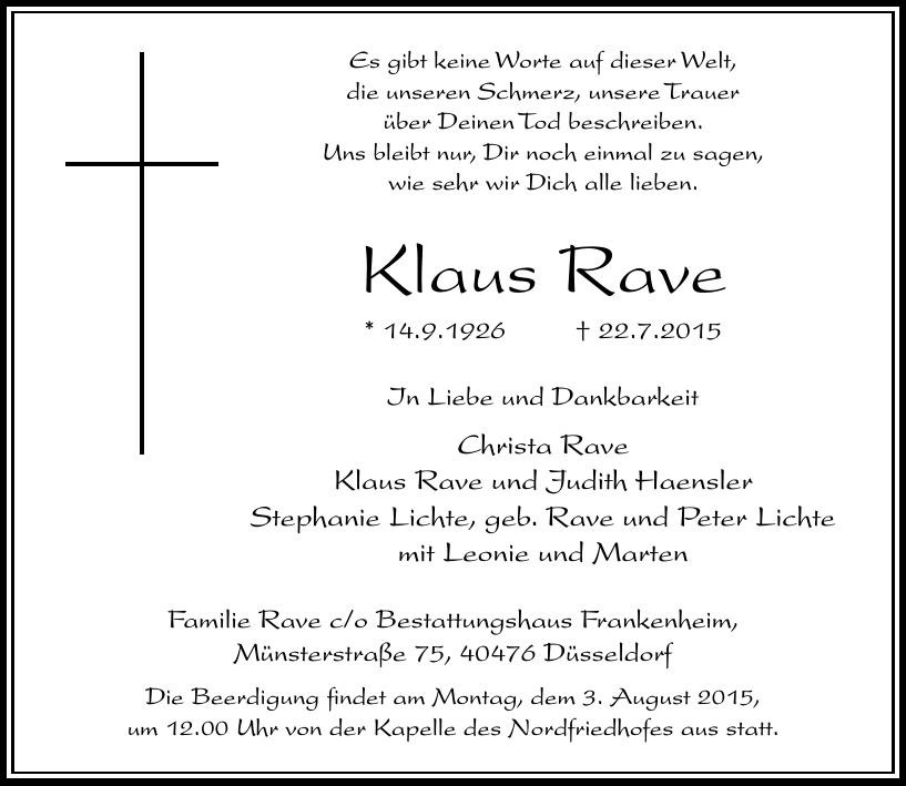 Traueranzeige von Klaus Rave