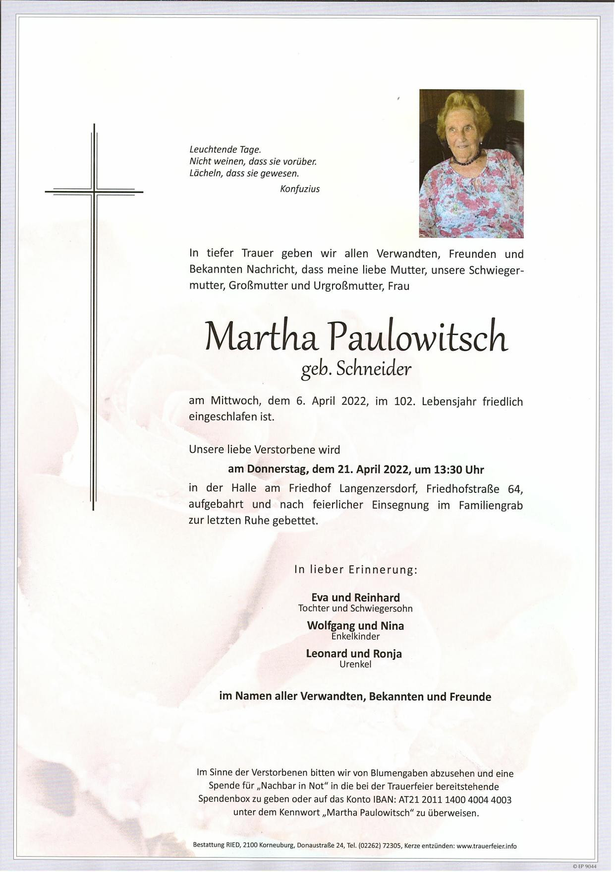 Traueranzeige von Martha Paulowitsch