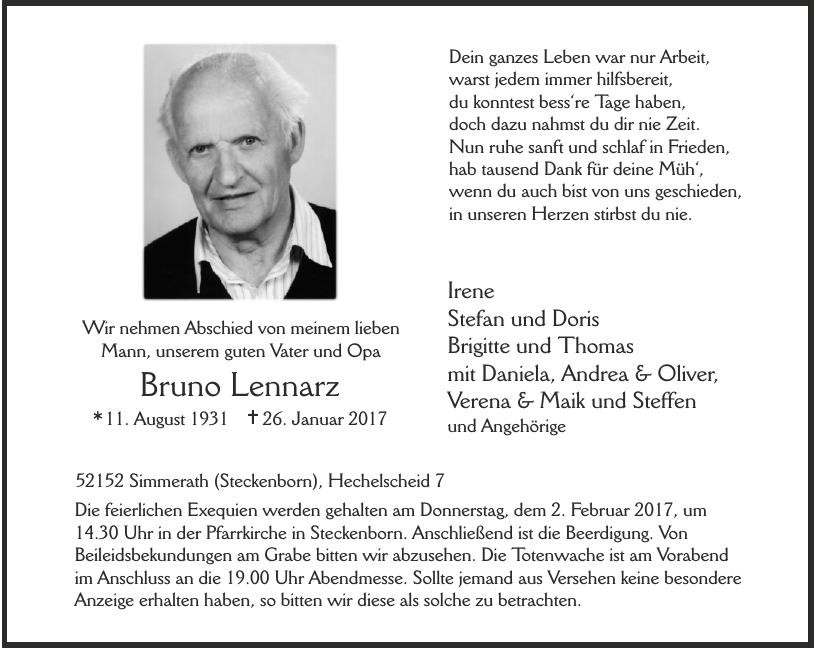 Traueranzeige von Bruno Lennarz