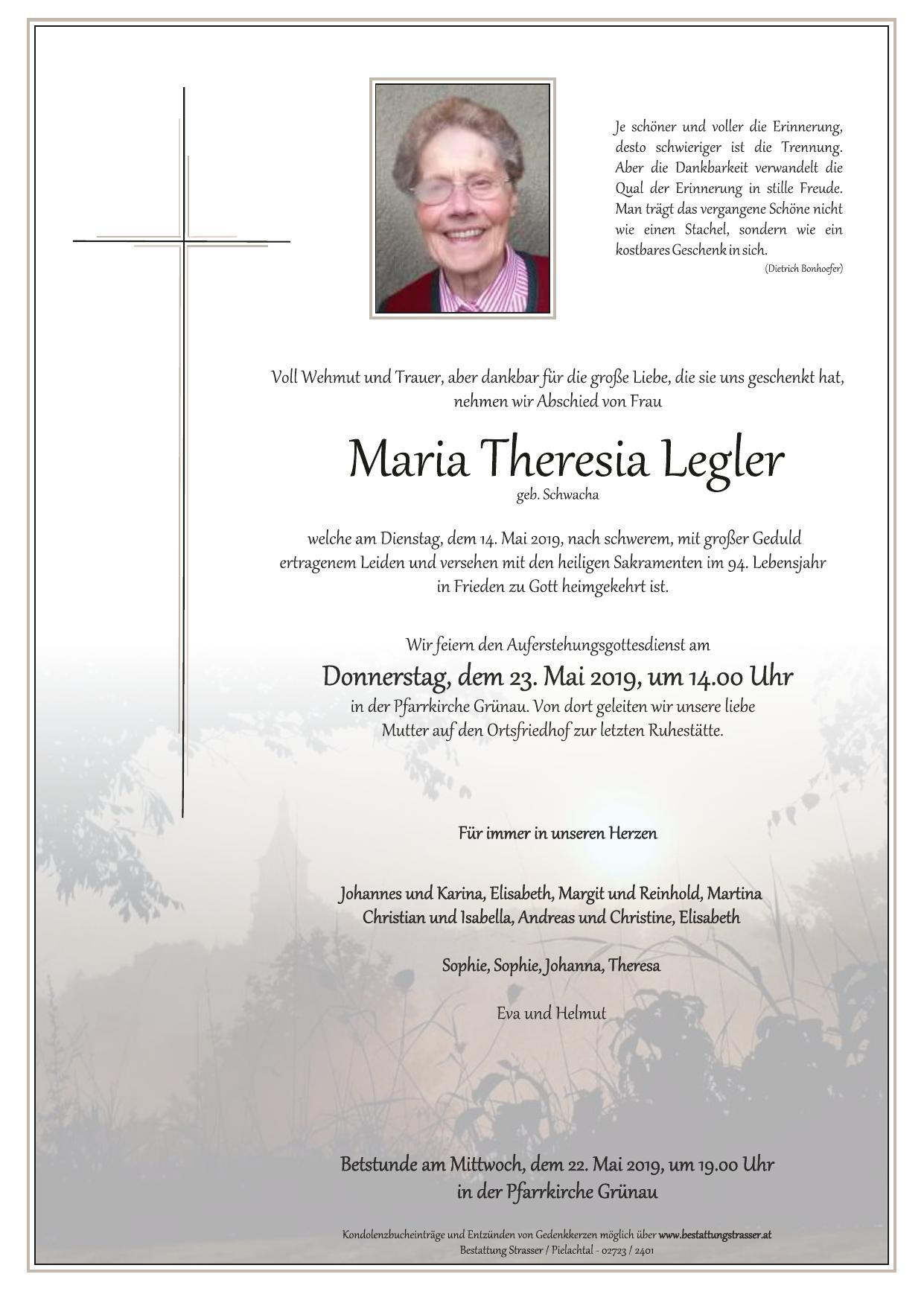 Traueranzeige von Maria Theresia Legler
