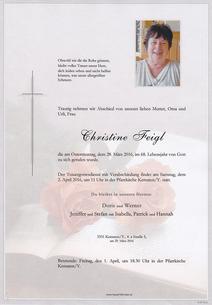 Traueranzeige von Christine Feigl