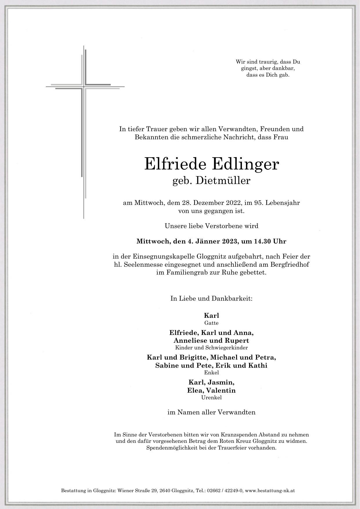 Traueranzeige von Elfriede Edlinger