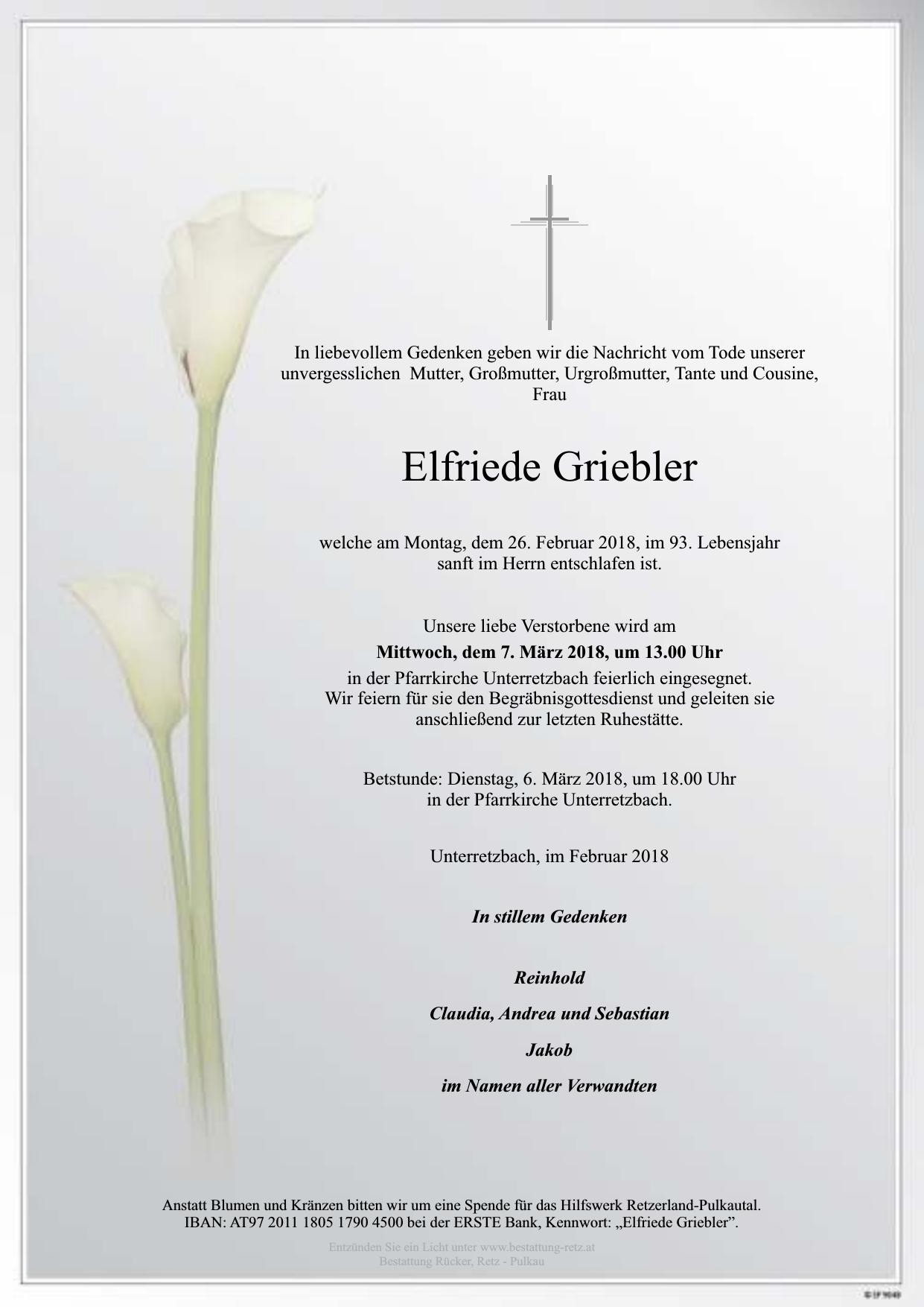 Traueranzeige von Elfriede Griebler