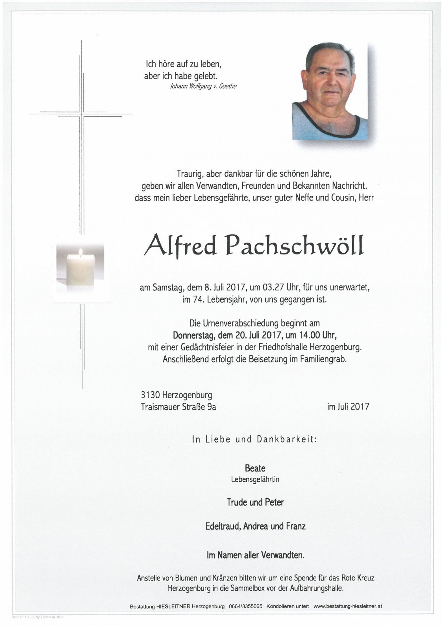 Traueranzeige von Alfred Pachschwöll