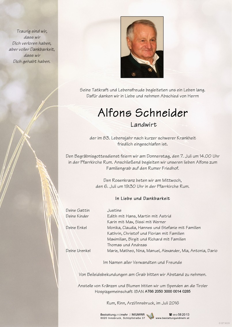 Traueranzeige von Alfons Schneider