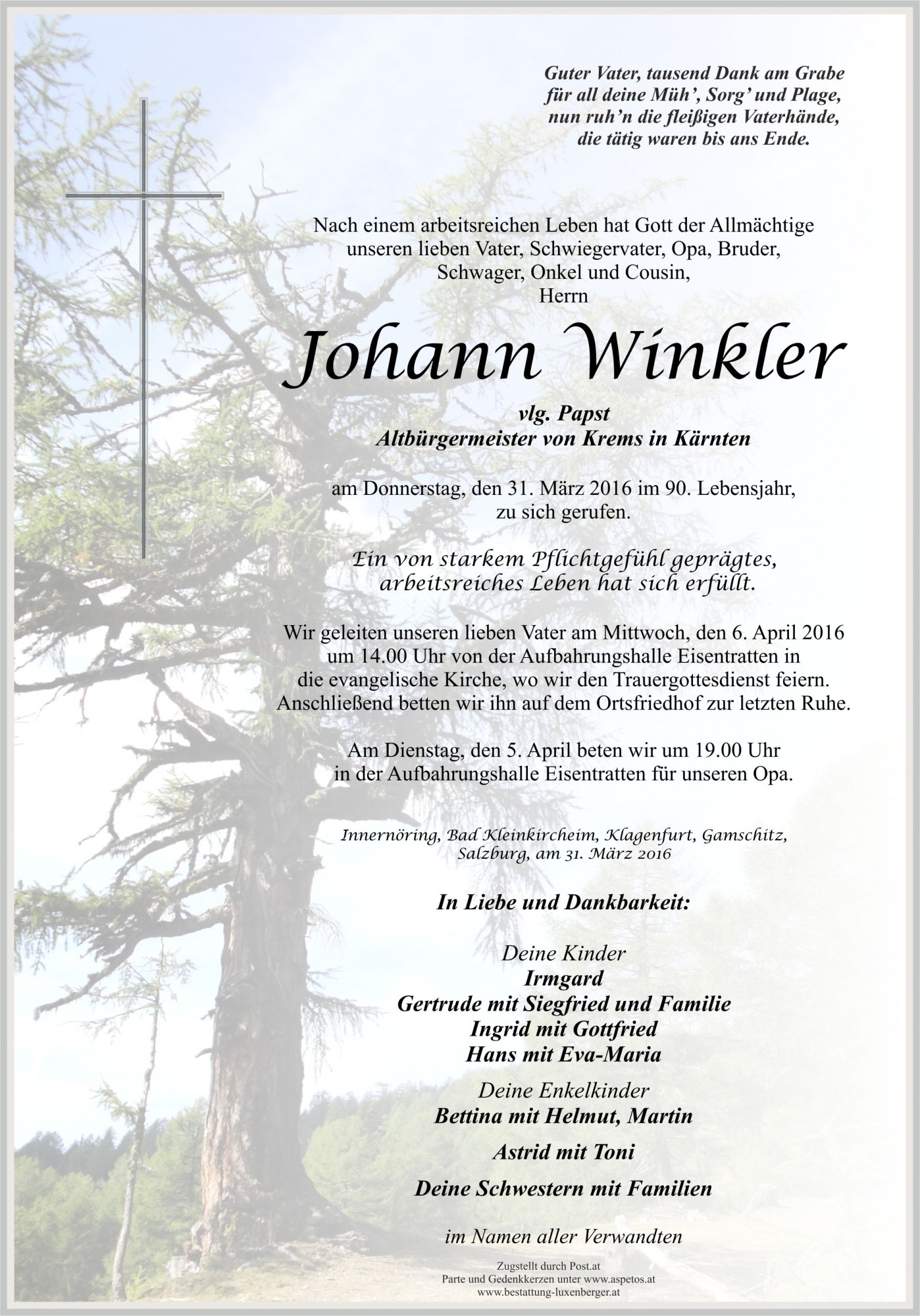 Traueranzeige von Johann Winkler
